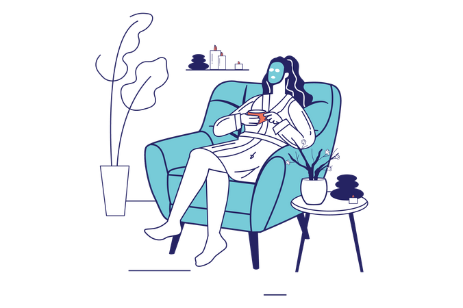 Woman with face moisturizing mask in bathrobe drinks tea  Illustration