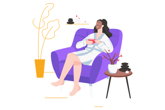 Woman with face moisturizing mask in bathrobe drinks tea  Illustration