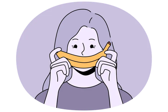 Woman with fake banana smile experiencing frustration caused by problem in relationship  Illustration
