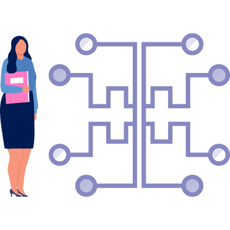 Woman with file standing next to topology  Illustration