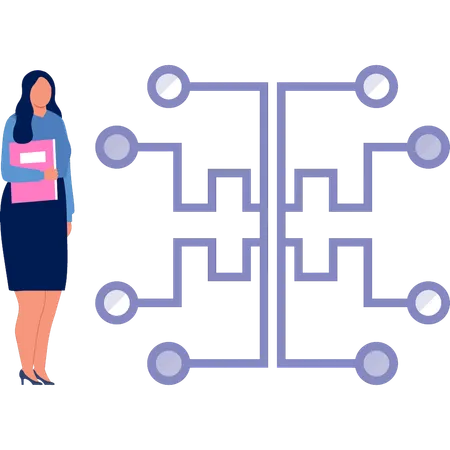 Woman with file standing next to topology  Illustration