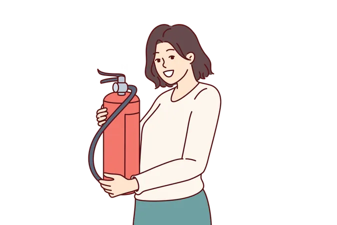 Woman With Fire Extinguisher Smiles Recommending Checking Expiration Date Of Fire Fighting Equipment Red Extinguisher In Hands Of Beautiful Girl Taking Care Of Safety Of Home Or Office 일러스트레이션