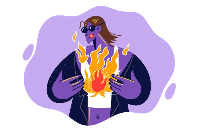 Woman With Fire In Soul Symbolizing Suffering And Despair Looks In Style Of Cyberpunk Or Futurism Cyberpunk Girl With Flames Inside And Purple Skin In Neon Colors For Concept Of Passionate Desire Illustration