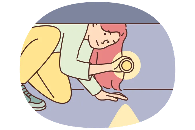 Woman with flashlight and check for monsters before going to bed  Illustration
