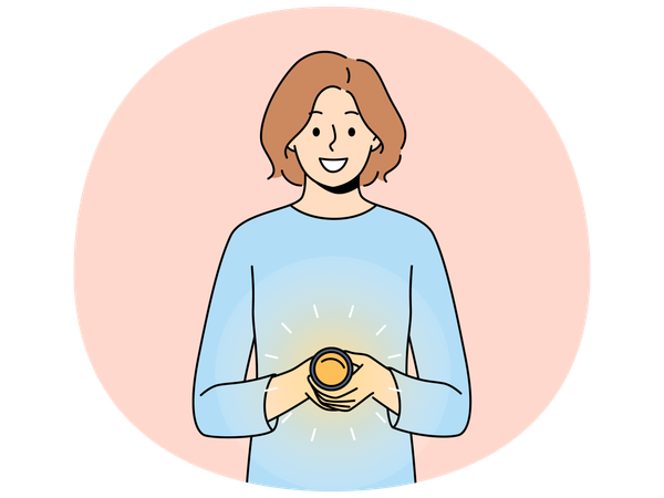 Woman with flashlight smiles and looks at screen recommending using device to light way  Illustration