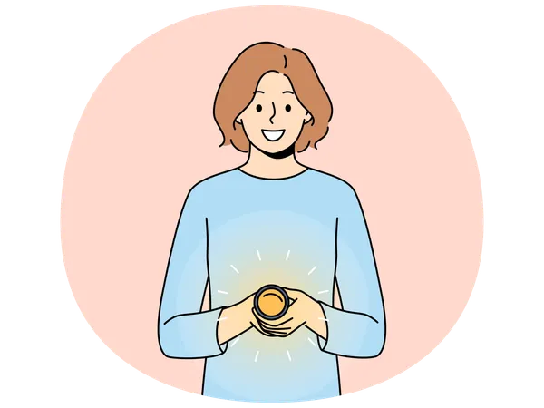 Woman with flashlight smiles and looks at screen recommending using device to light way  Illustration