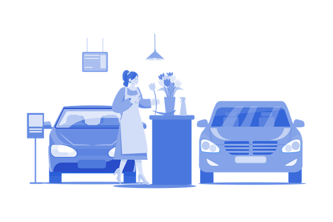 Woman With Flowers In A Car Showroom  Illustration