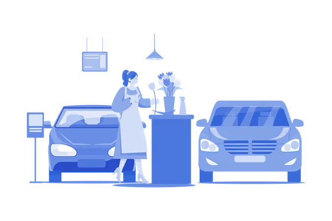 Woman With Flowers In A Car Showroom Illustration