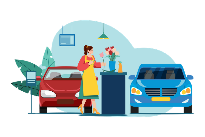Woman with flowers in a car showroom Illustration