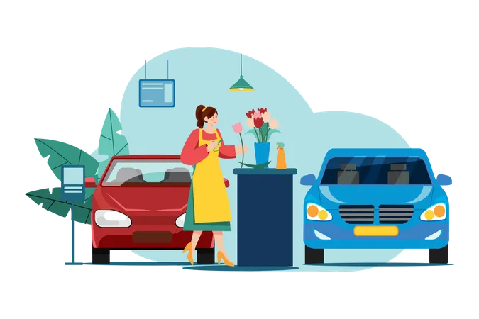 Woman with flowers in a car showroom Illustration