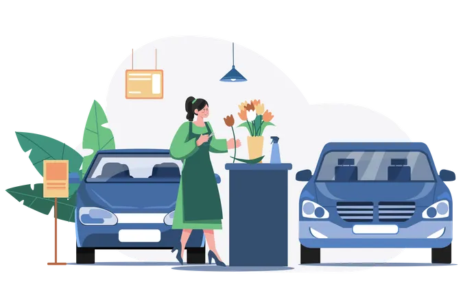 Woman With Flowers In A Car Showroom  Illustration