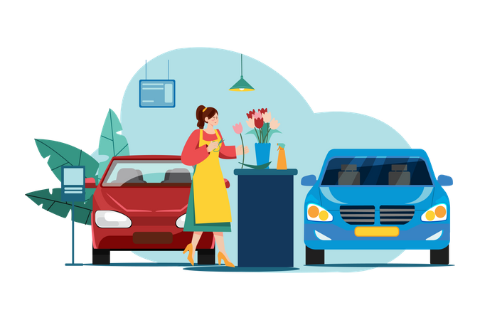 Woman with flowers in a car showroom  Illustration