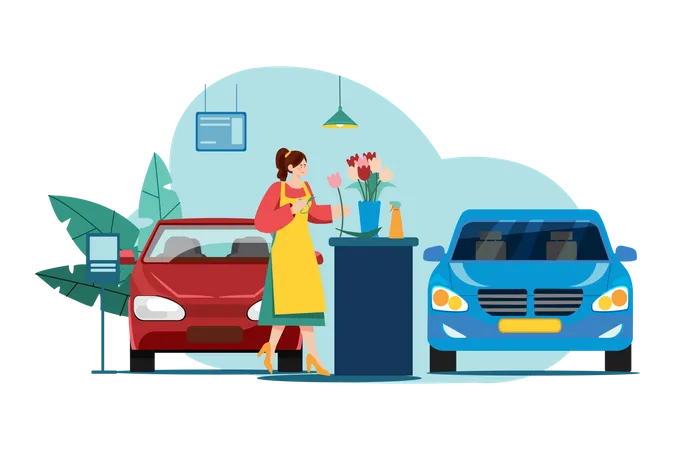 Woman with flowers in a car showroom  Illustration