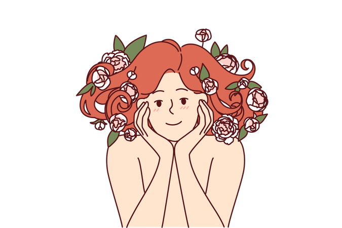 Woman with flowers in beautiful lush hair smiles recommending use shampoo based on natural plants  Illustration