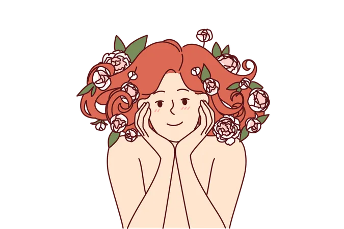 Woman with flowers in beautiful lush hair smiles recommending use shampoo based on natural plants  イラスト