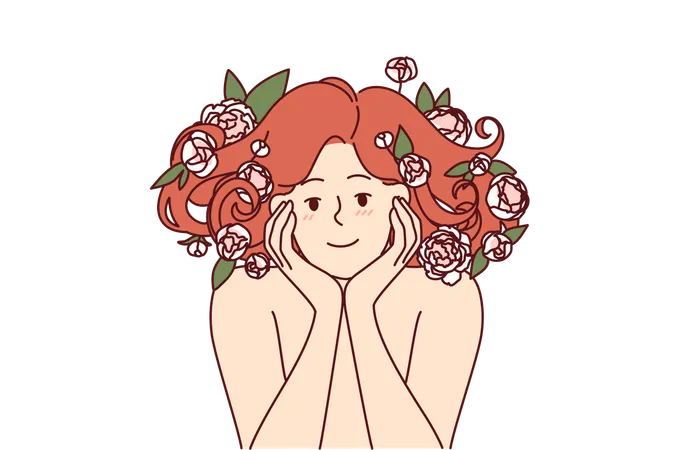 Woman with flowers in beautiful lush hair smiles recommending use shampoo based on natural plants  Illustration