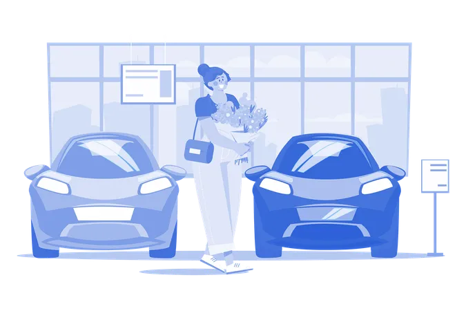 Woman With Flowers In A Car Showroom Illustration