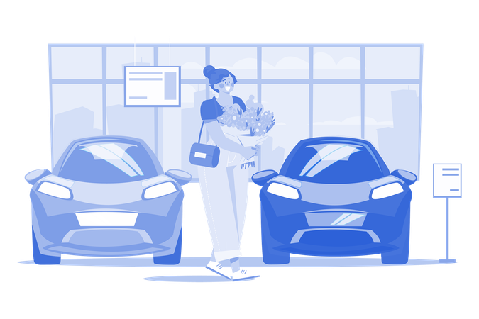 Woman with flowers in car showroom  Illustration