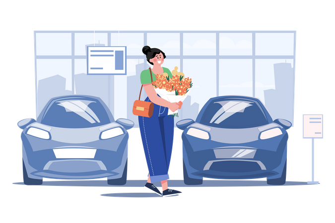 Woman with flowers in car showroom  Illustration