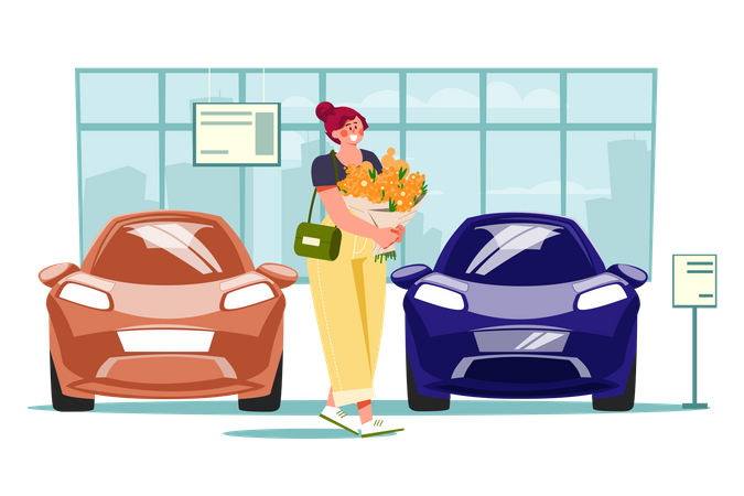 Woman with flowers in car showroom  Illustration