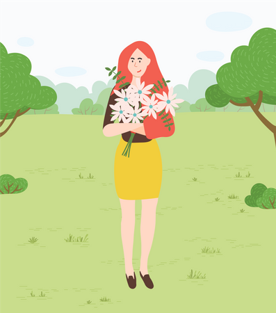 Woman with Flowers Walking  Illustration