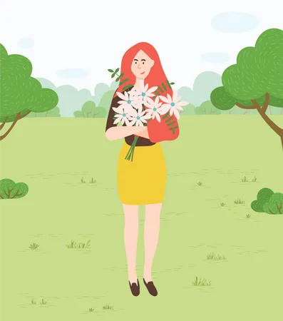 Woman with Flowers Walking  Illustration