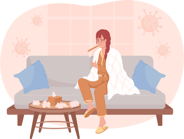 Woman with flu sitting on sofa Illustration