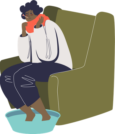 Woman with flu soaking feet in warm water Illustration