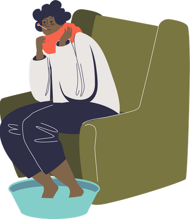 Woman with flu soaking feet in warm water  Illustration