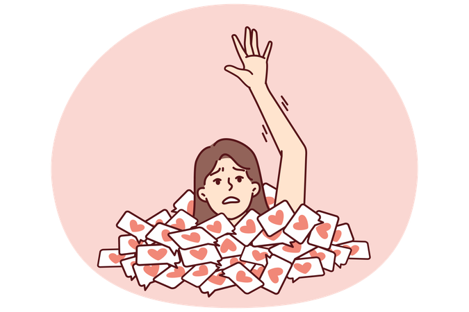 Woman with frightened face raises hand asking for help when drowning in likes  Illustration