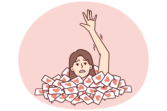 Woman with frightened face raises hand asking for help when drowning in likes  Illustration