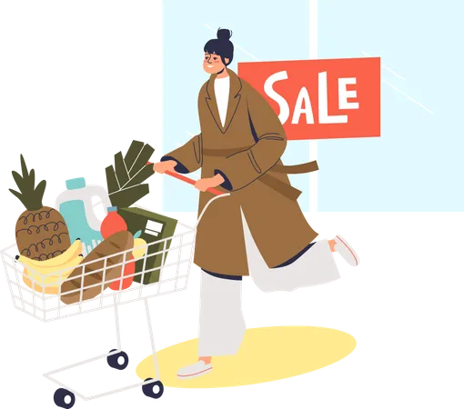Woman with full cart after sales on shopping in grocery store Illustration
