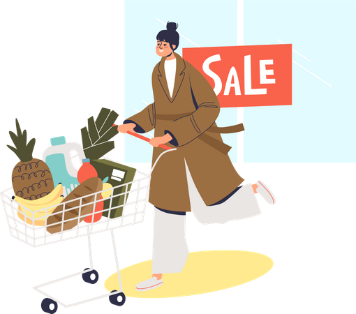 Woman with full cart after sales on shopping in grocery store  Illustration