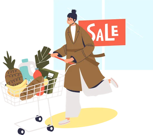 Woman with full cart after sales on shopping in grocery store  Illustration