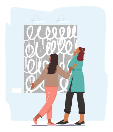 Woman With Girl Enjoying Watching Creative Artwork Exhibits In Museum Or Exhibition Mother And Daughter Visitor Characters Visit Contemporary Art Gallery Family Leisure Cartoon Vector Illustration Illustration