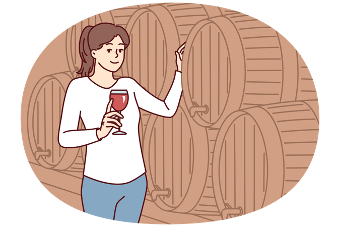 Woman with glass of wine stands near wooden barrel for tincture of alcoholic drink  Illustration