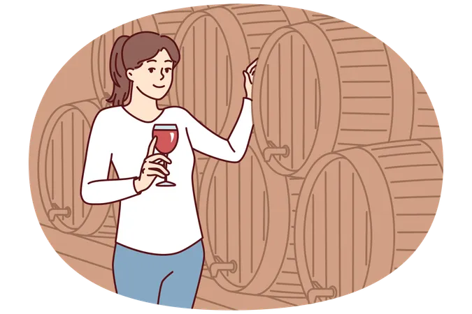 Woman with glass of wine stands near wooden barrel for tincture of alcoholic drink  Illustration