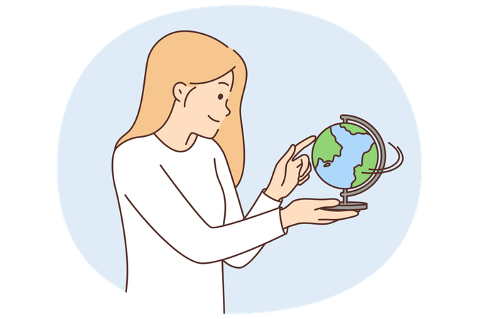 Woman with globe works as geography teacher telling children about countries located on earth  Illustration