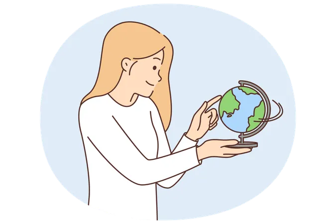 Woman with globe works as geography teacher telling children about countries located on earth  Illustration