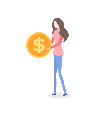 Female Making Investments Increasing Income And Financial Profit Dollar Sign On Money In Hands Vector Woman With Golden Coin Isolated Cartoon Character Illustration