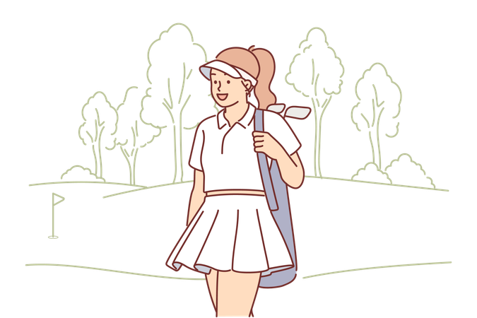 Woman with golf clubs walks around court  Illustration