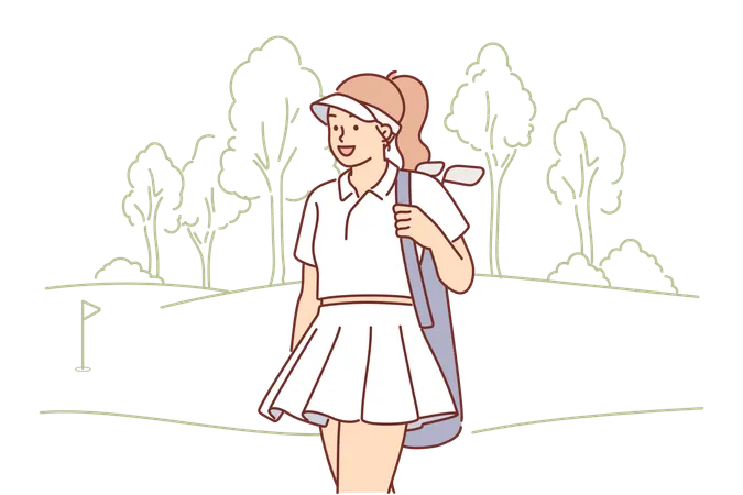 Woman With Golf Clubs Walks Around Court And Looks Into Distance With Smile Anticipating Good Game Girl Plays Golf And Leads Active Lifestyle And Goes In For Sports To Maintain Athletic Physique Illustration