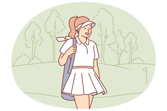Woman with golf clubs walks around court and looks into distance with smile  Illustration