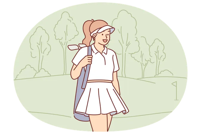 Woman with golf clubs walks around court and looks into distance with smile  Illustration