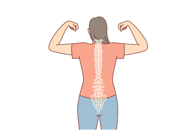 Woman with good posture and straight spine shows biceps  Illustration