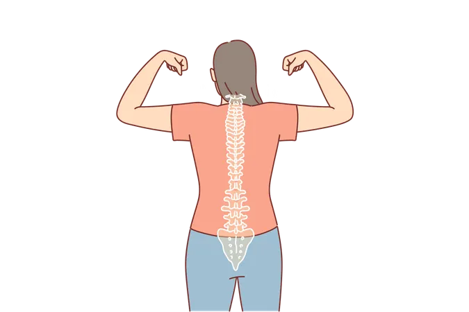 Woman With Good Posture And Straight Spine Shows Biceps Standing With Back To Camera Strong Casual Girl Proud Of Healthy Posture Thanks To Going For Massage To Chiropractor Or Osteopath Illustration