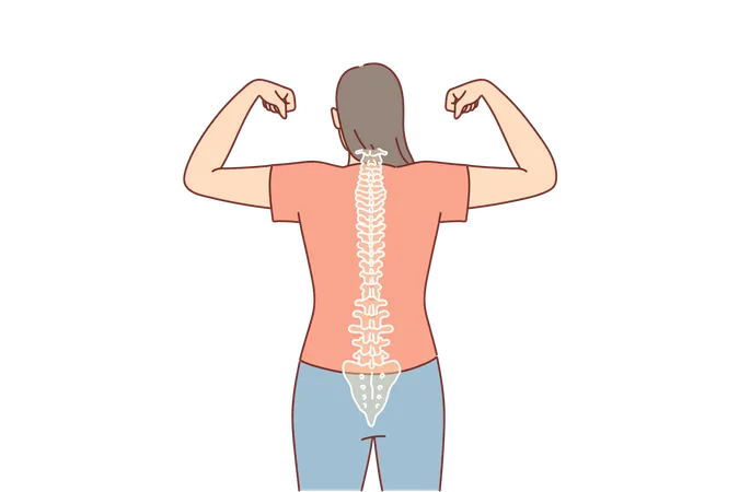 Woman with good posture and straight spine shows biceps  Illustration