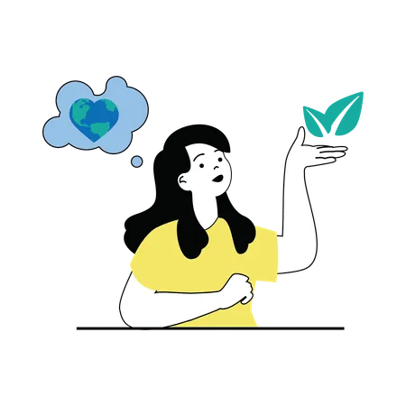 Woman with green leaves in hand and love towards earth in mind  Illustration