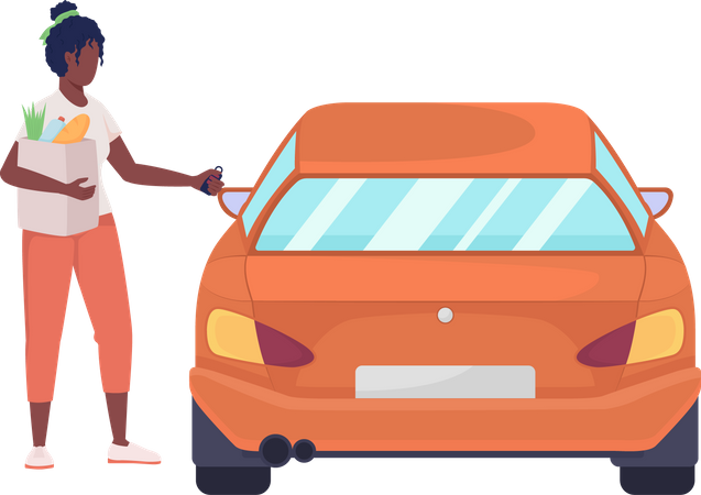 Woman with grocery bag and opening car  Illustration