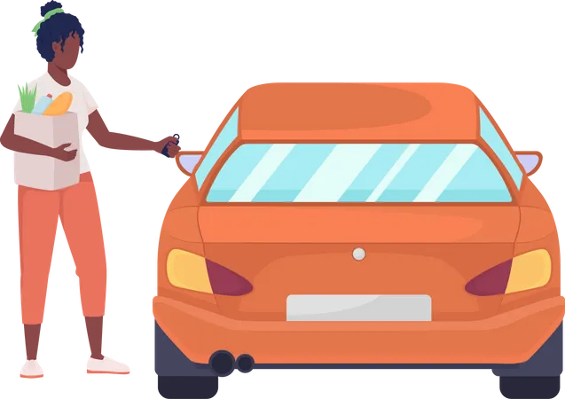 Woman with grocery bag and opening car  Illustration
